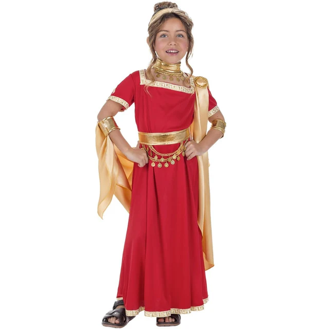 DISFRAZ DE ROMANA ROJA Y DORADA PARA NIÑA.